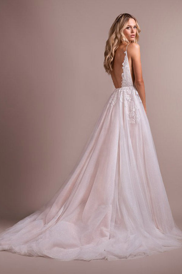 A Line V Neck Tulle Wedding Dress With Appliques