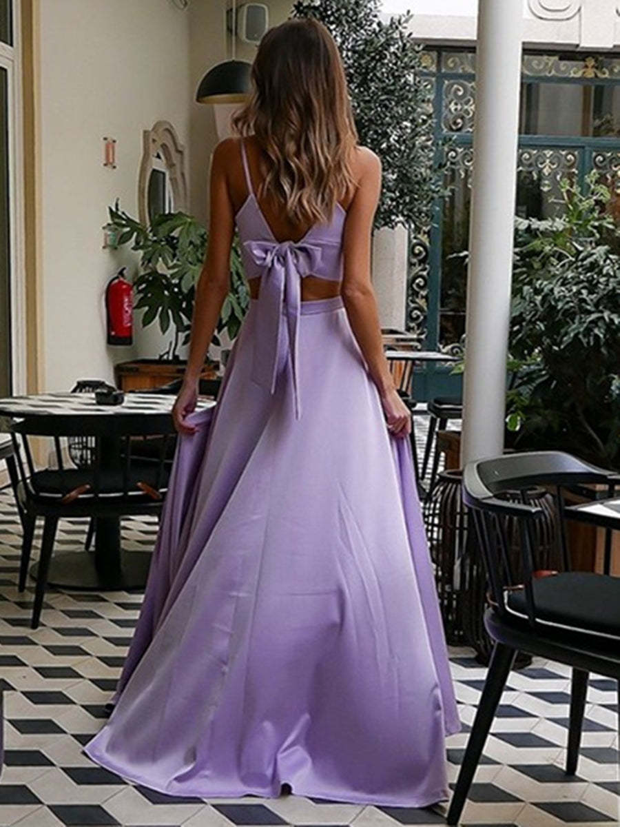 A Line V Neck Two Pieces Lilac Long Prom Dresses with High Slit, Lavender Formal Dresses, Lilac Evening Dresses