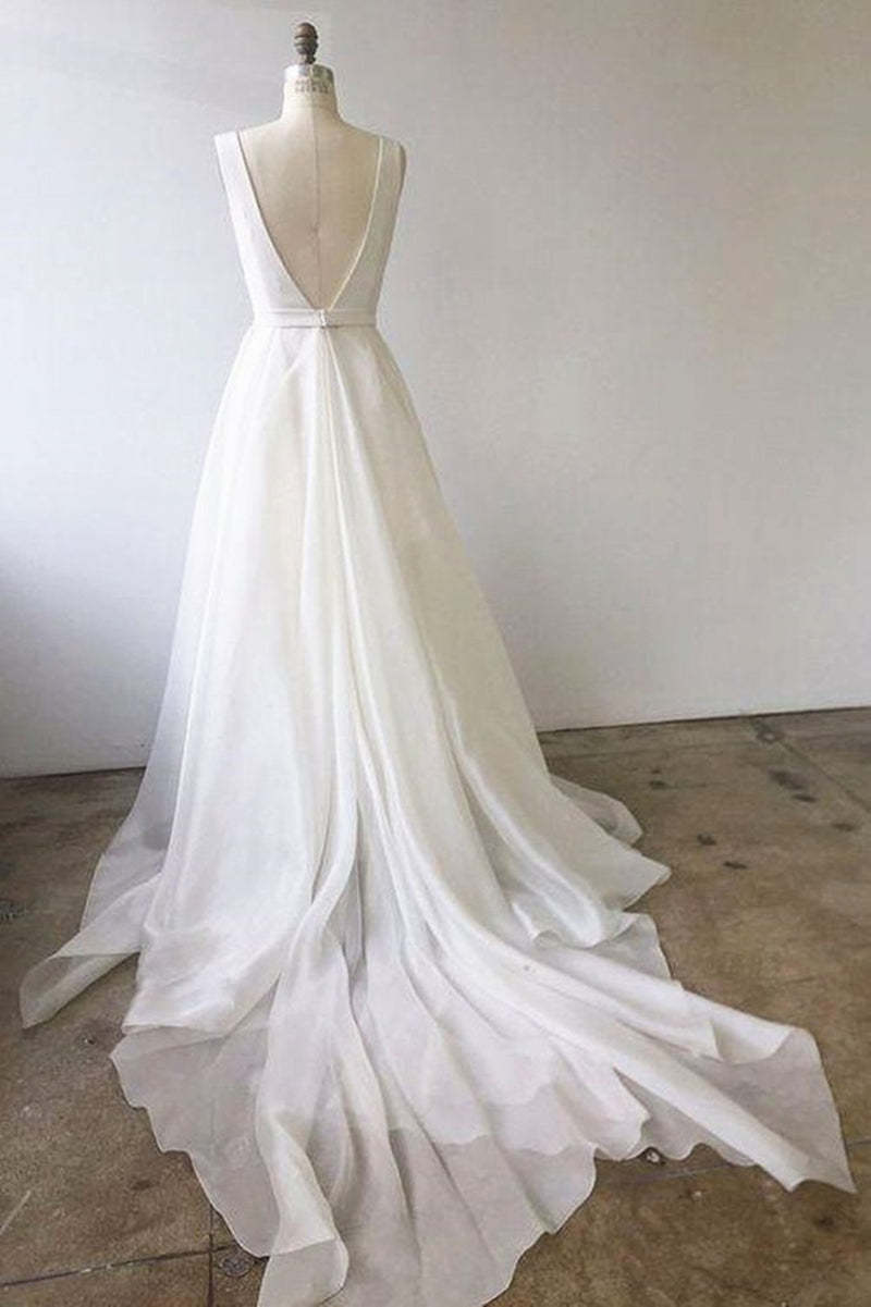 A Line V Neck White Prom Dresses with Train, V Neck Formal Wedding Dresses with Train, White Evening Dresses