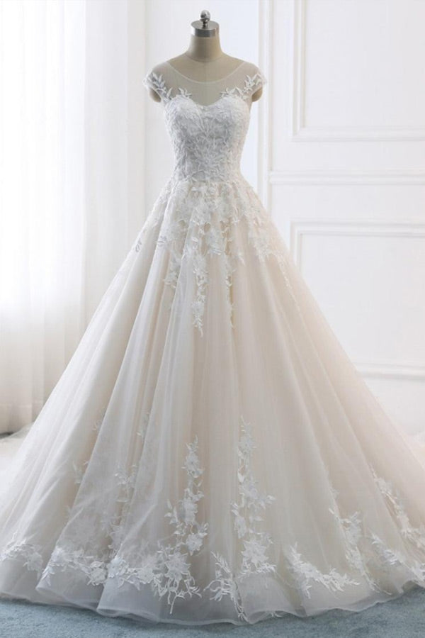 A Line White Lace Appliqued Wedding Dress Cap Sleeve Bridal Gown WW265