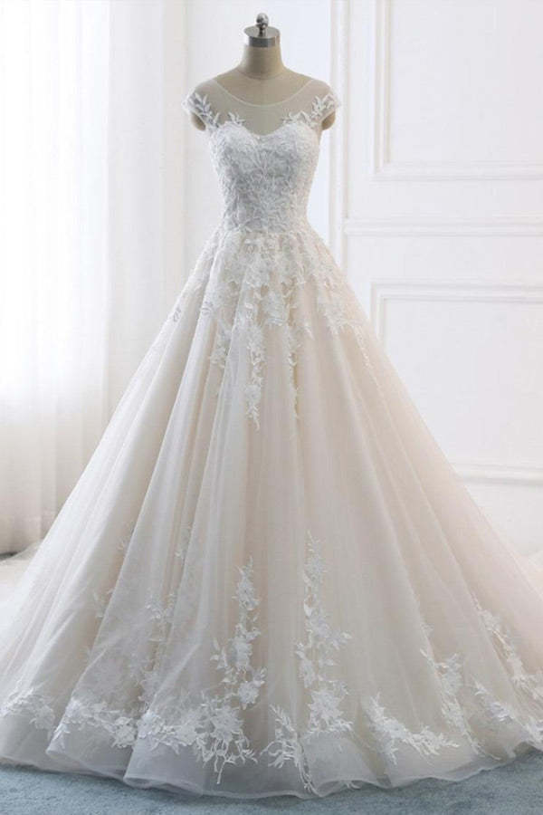 A Line White Lace Appliqued Wedding Dress Cap Sleeve Bridal Gown WW265