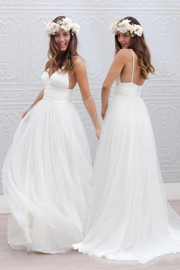 A Line White Backless Beach  Wedding Dress