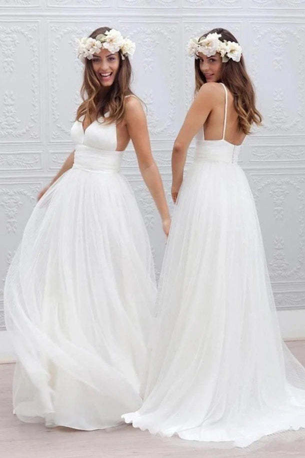 A Line White Backless Beach  Wedding Dress