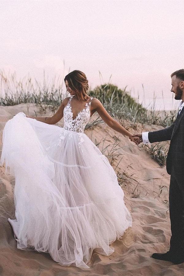 A-line White Tulle Wedding Dresses With Appliques