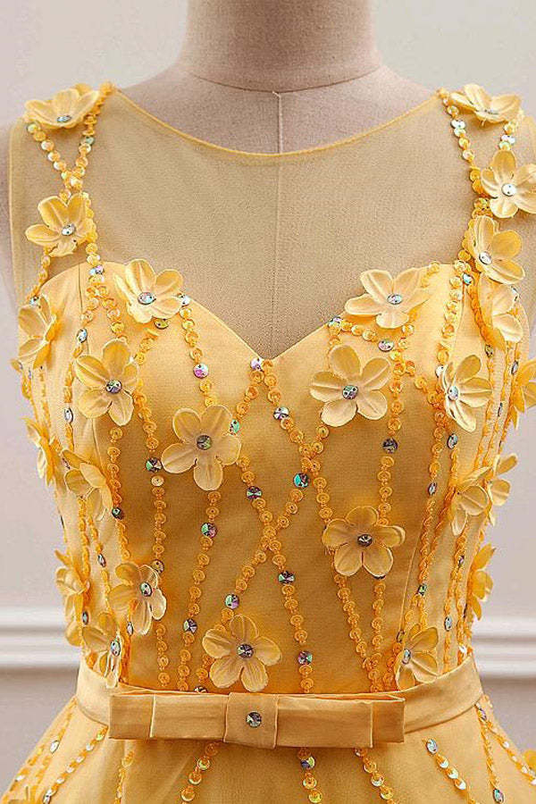 Beaded Yellow Tulle A-Line  Yellow Tulle Long Prom Dress With 3D Flowers