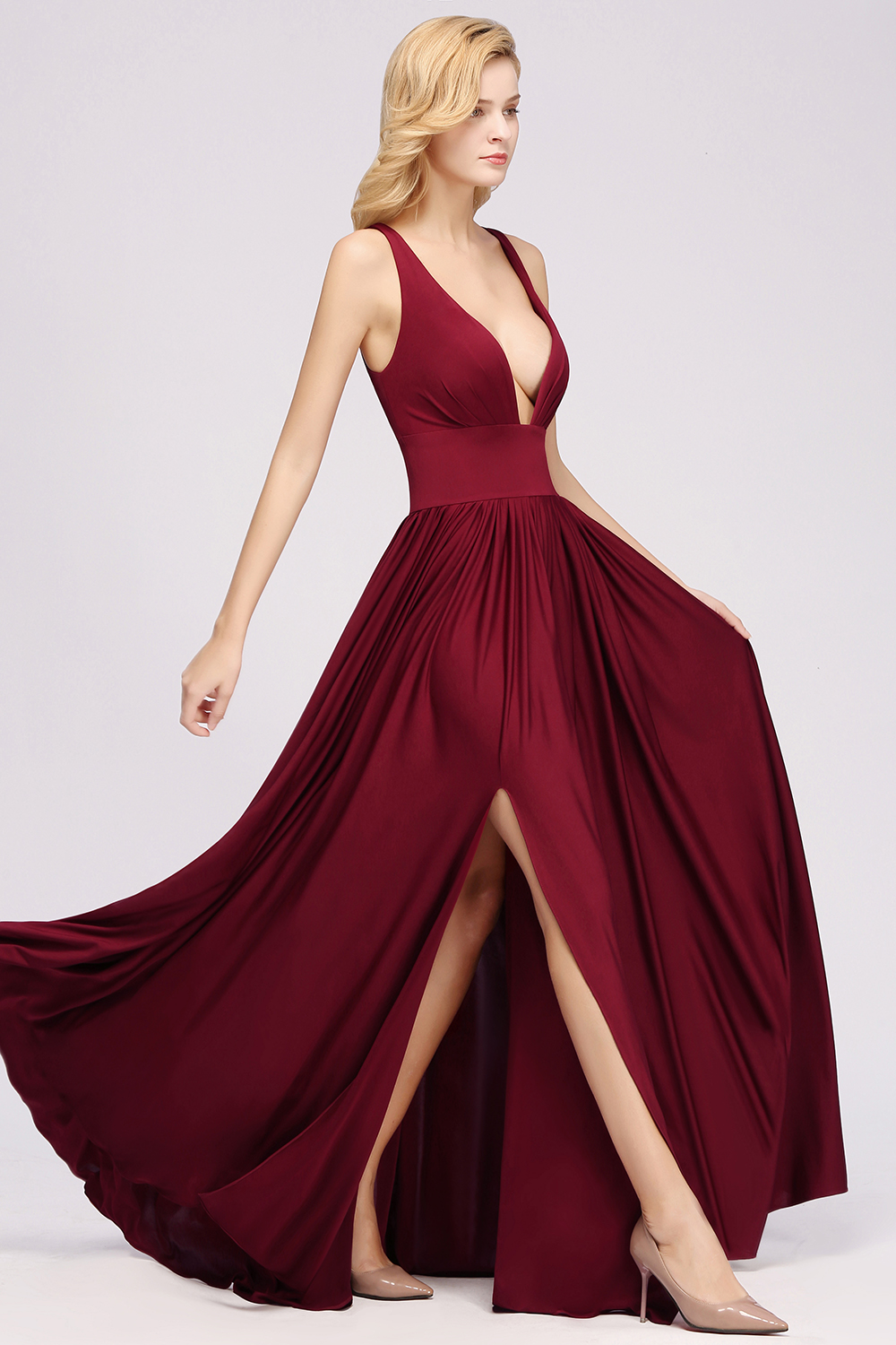 27prom Sexy Deep V-Neck Sleeveless Bridesmaid Dress Burgundy Chiffon Wedding Party Dress-27prom