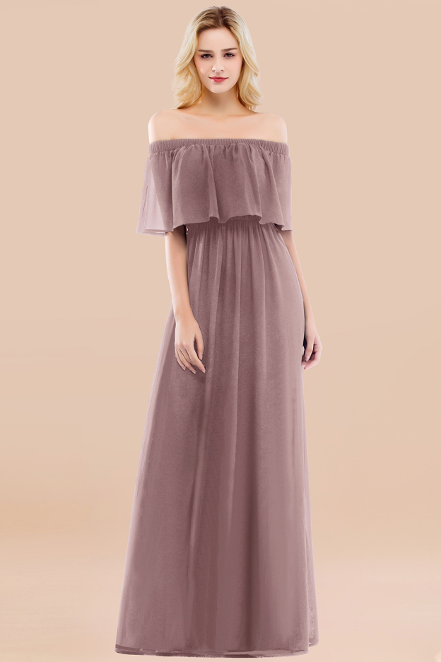 27prom Vintage Off-the-Shoulder Long Burgundy Bridesmaid Dress with Ruffle-27prom
