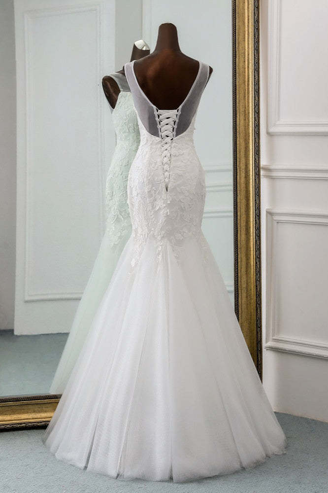 Jewel Neck Backless Long Mermaid Wedding Dress with Tulle Lace