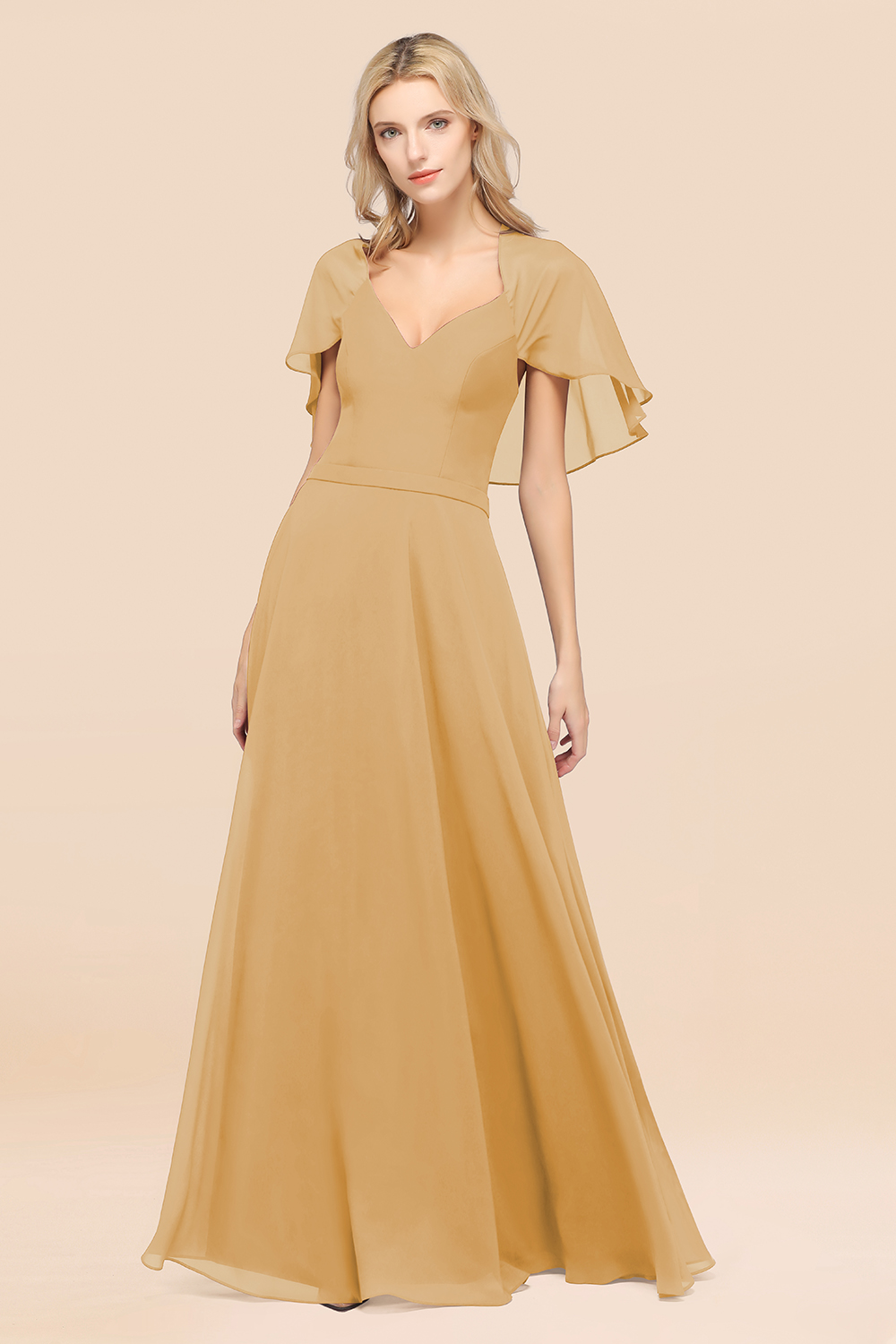 27prom Chic Satin V-Neck Long Burgundy Chiffon Bridesmaid Dress with Flutter Sleeve-27prom