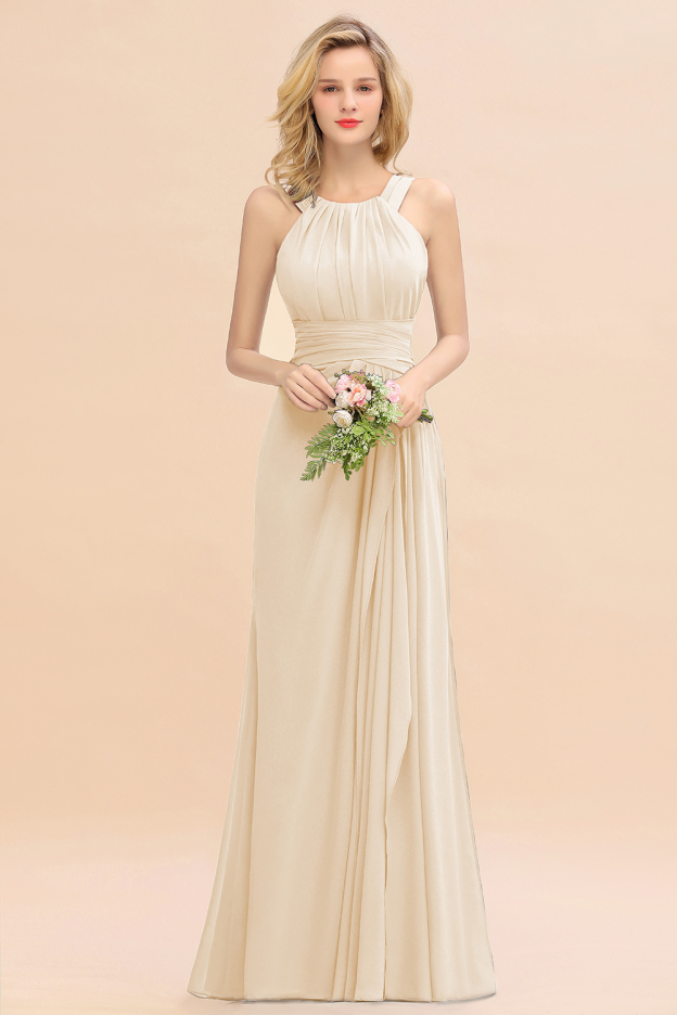 27prom Elegant Round Neck Sleeveless Bridesmaid Dress with Ruffles-27prom