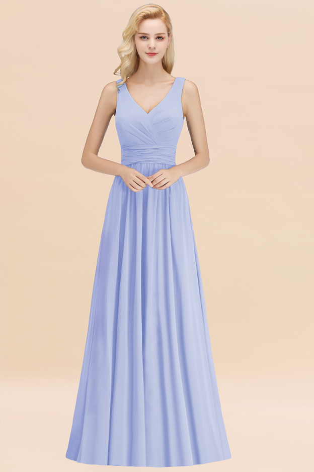 27prom Modest Sleeveless V-Neck Long Chiffon Bridesmaid Dress Online with Ruffle-27prom