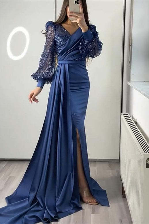 Sequins V-Neck Long Sleeves Mermaid Evening Dress with Split and Ruffle