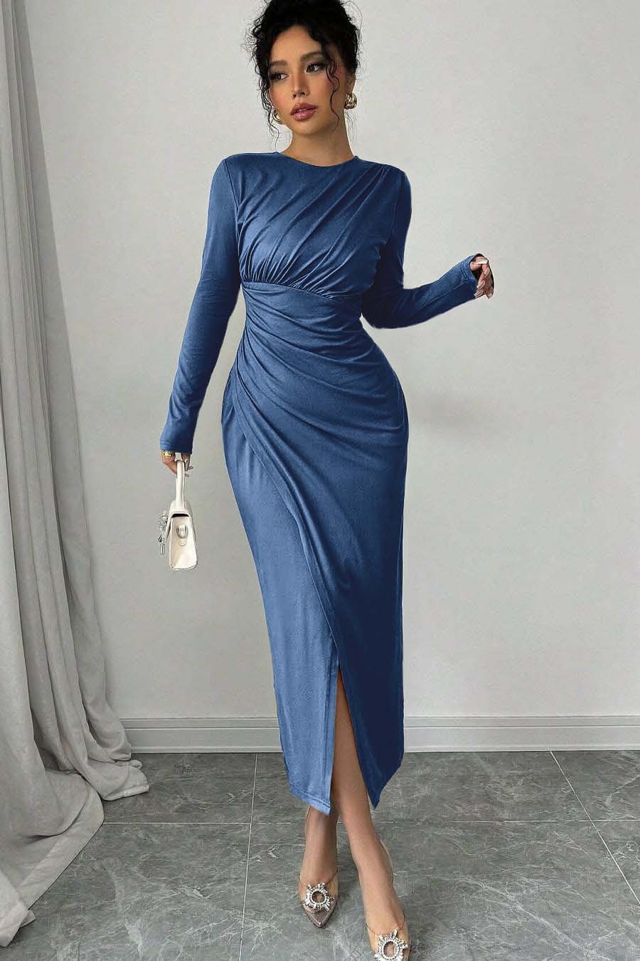 Long Sleeves Jewel Neck Tea Length Prom Dress With Split Pleated