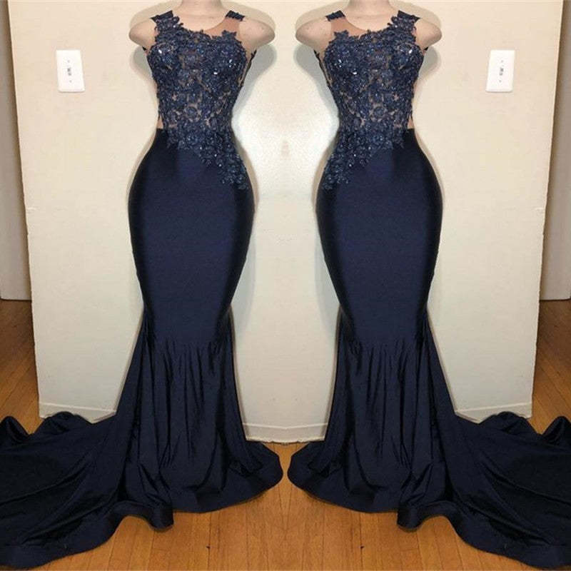 Dark Blue Appliqued Sleeveless Mermaid Prom Dress