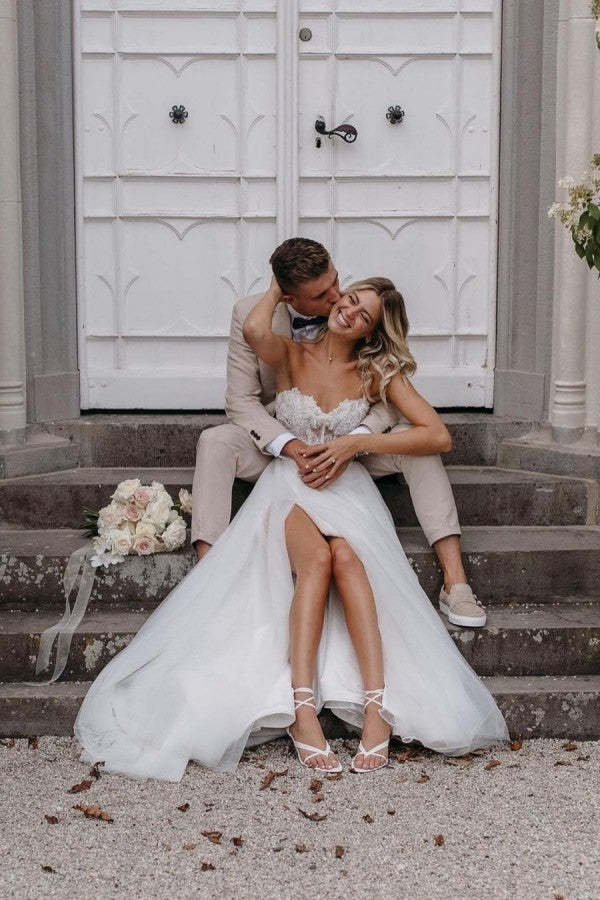 Gorgeous Long A-line Wedding Dress Sweetheart Front Slit With Lace Tulle