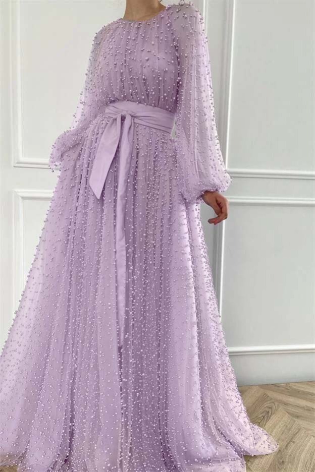 Long Sleeves Long Jewel Neck Prom Dress With Pleated Beading