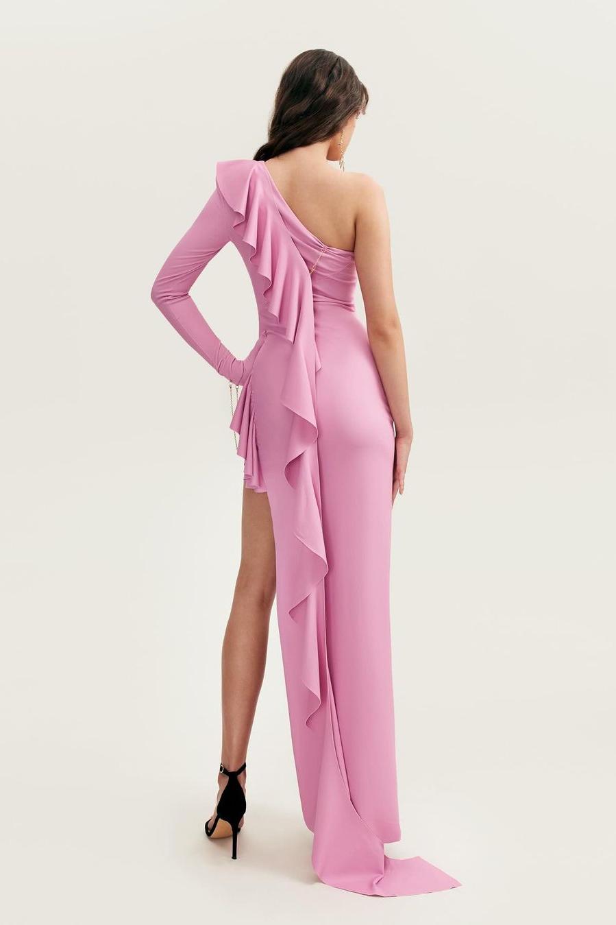 One Shoulder Long Sleeves High Split Long Prom Dress With Ruffles