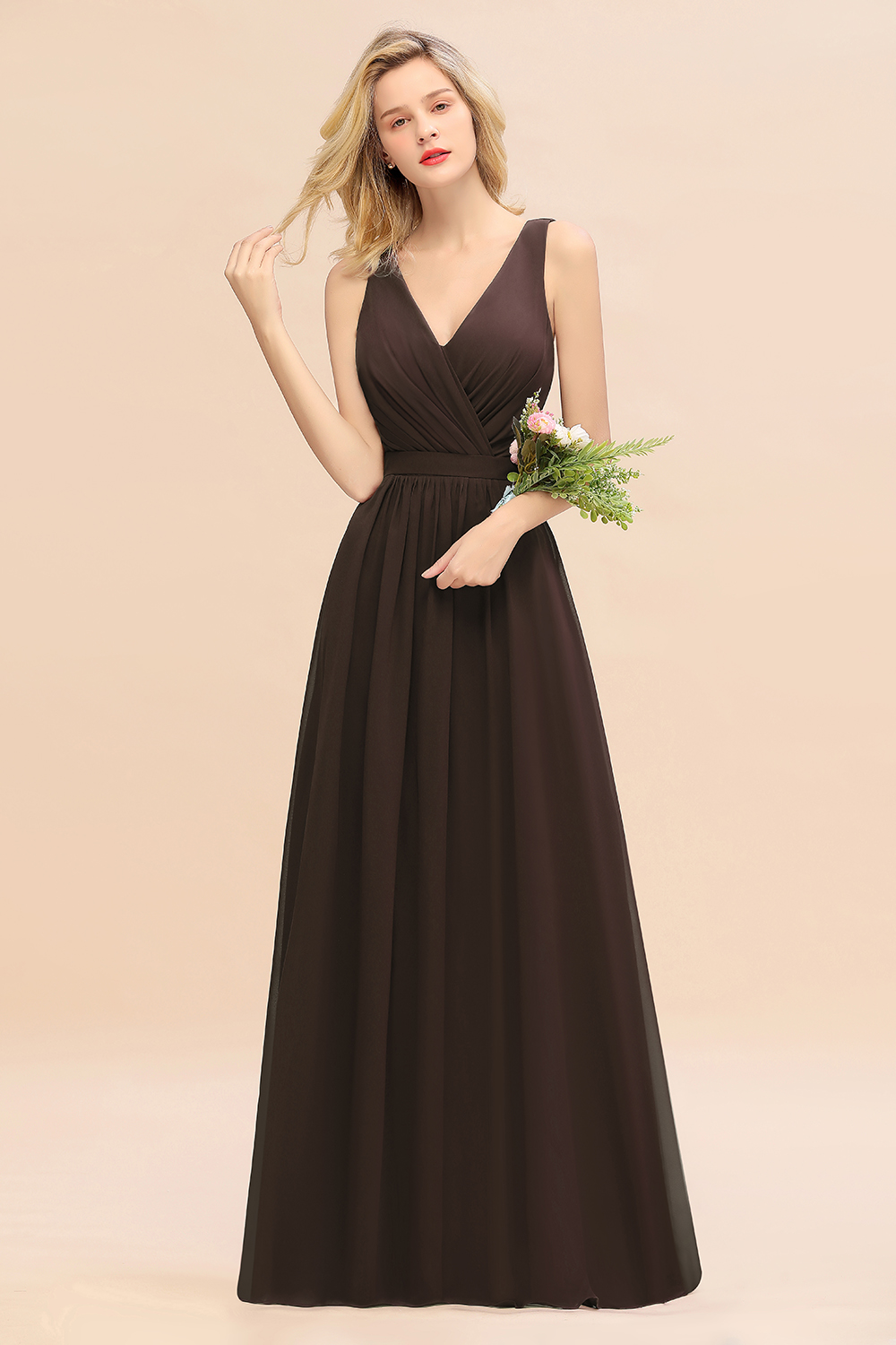 27prom Affordable V-Neck Ruffle Long Grape Chiffon Bridesmaid Dress with Bow-27prom
