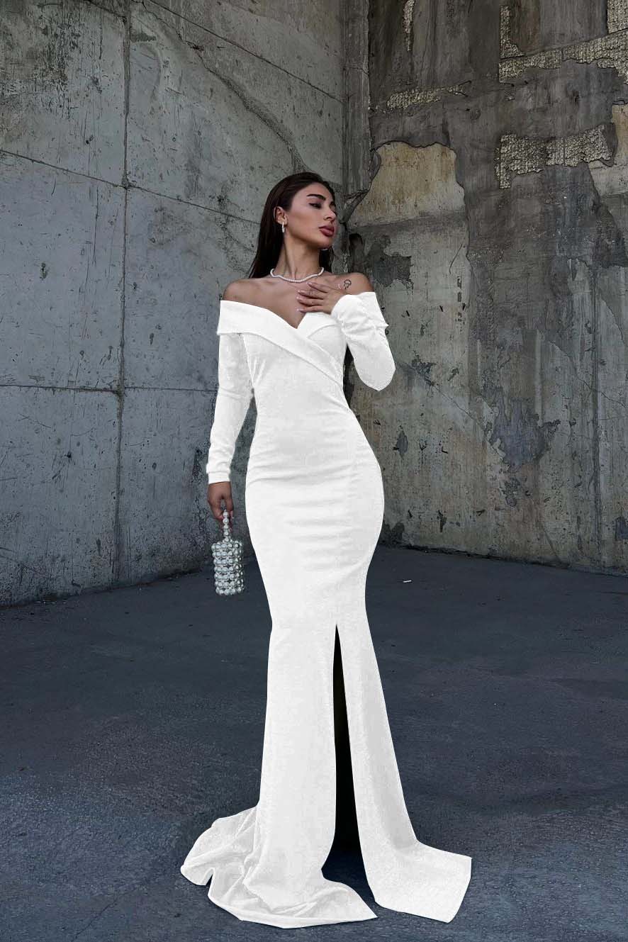 Off the Shoulder Long Sleeves Split Long Prom Dress With Pleated