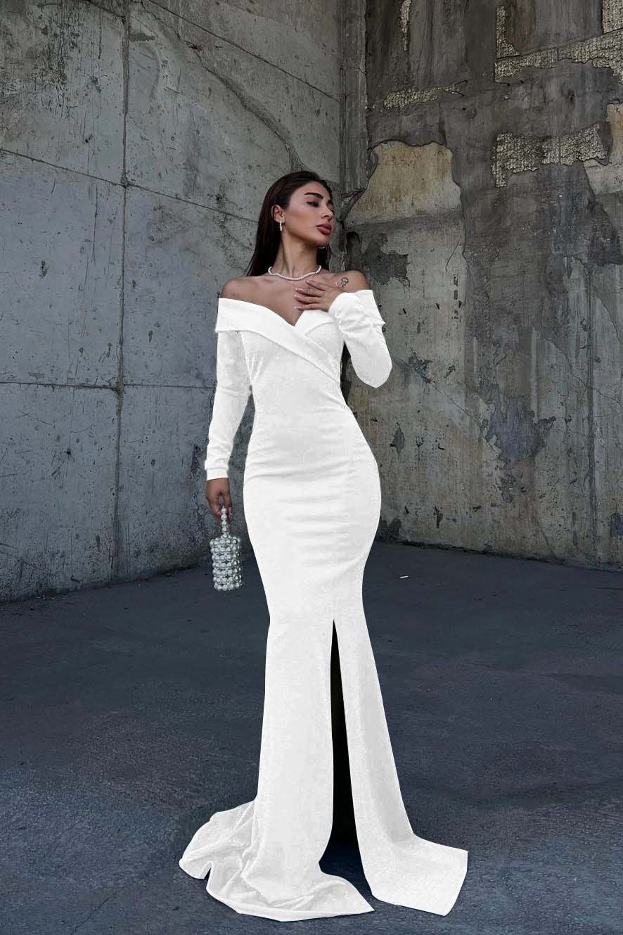 Off the Shoulder Long Sleeves Split Long Prom Dress With Pleated