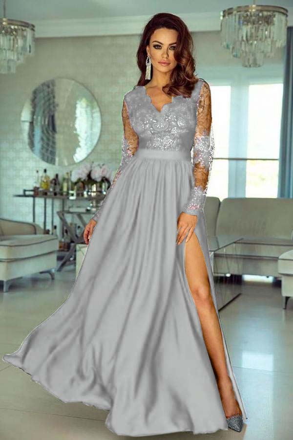 Charming V Neck Long Sleeves Lace A Line Long Prom Dress With Side Split