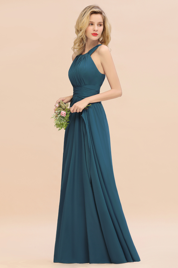 27prom Elegant Round Neck Sleeveless Bridesmaid Dress with Ruffles-27prom