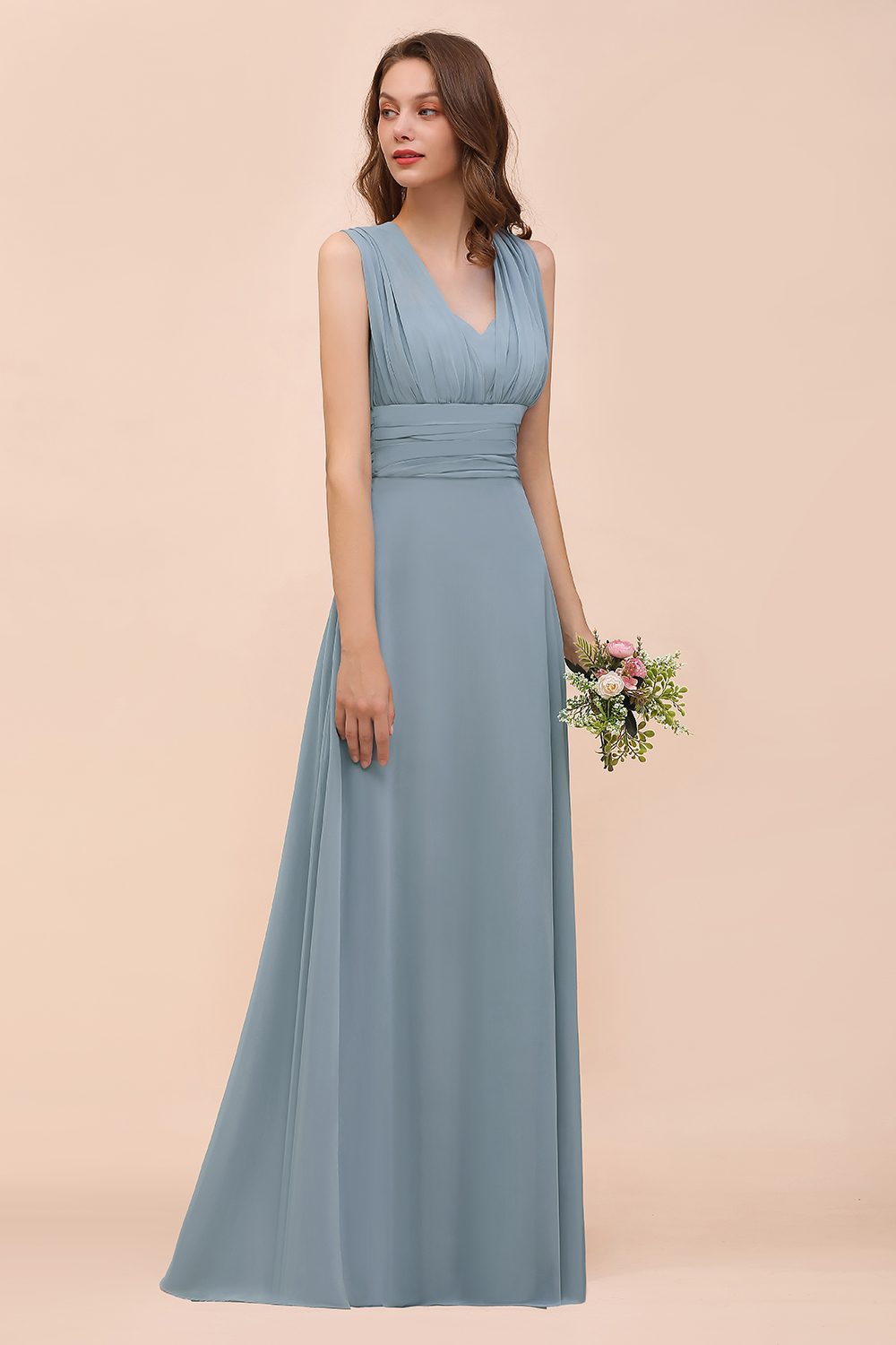 27prom New Arrival Dusty Blue Ruched Long Convertible Bridesmaid Dresses-27prom