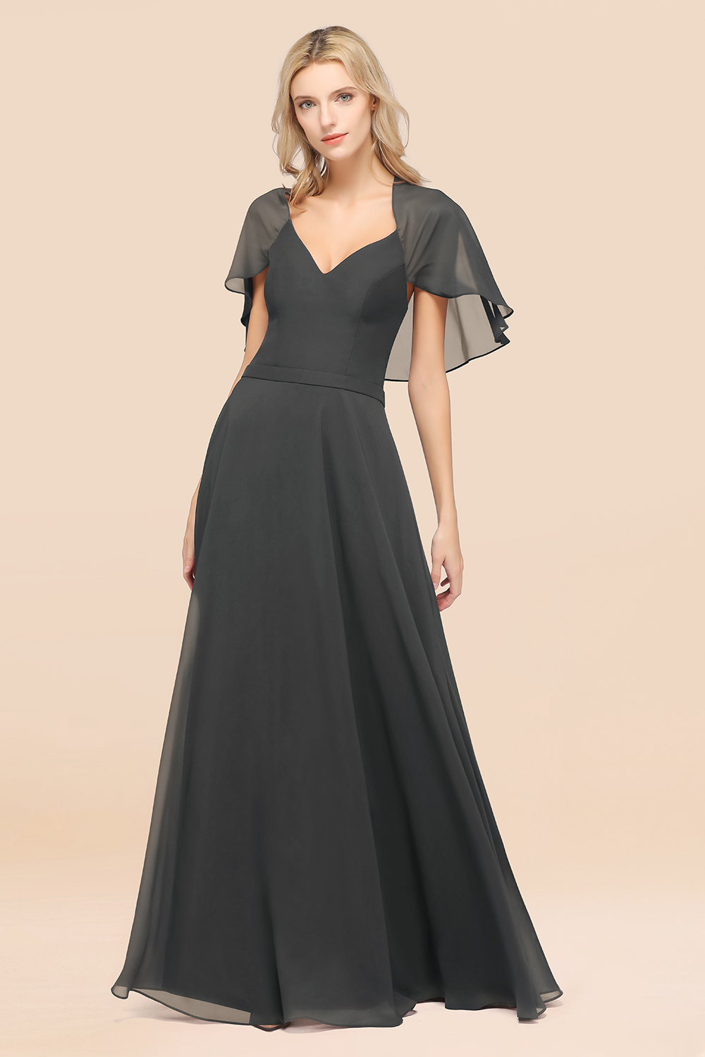 27prom Chic Satin V-Neck Long Burgundy Chiffon Bridesmaid Dress with Flutter Sleeve-27prom