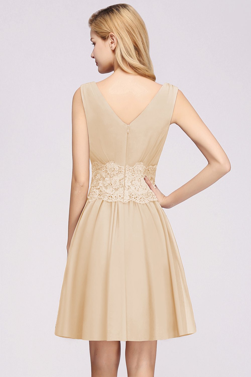 27prom Pretty V-Neck Short Sleeveless Lace Bridesmaid Dresses Online-27prom