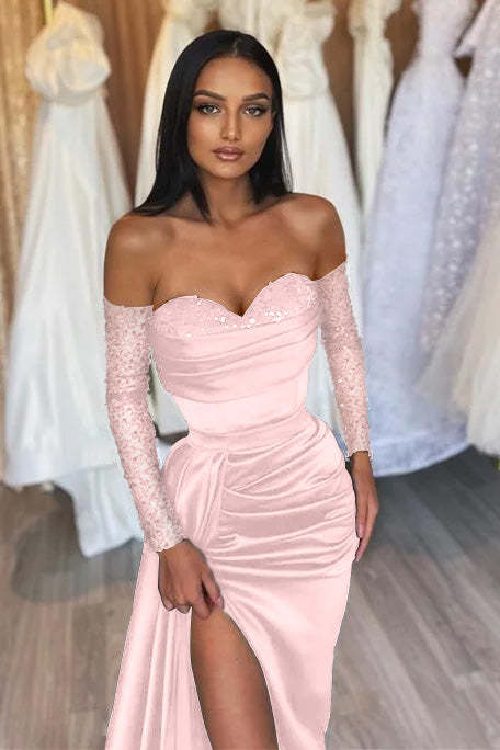 Black Prom Dress Sweetheart Short Sleeves with Pleated Slit