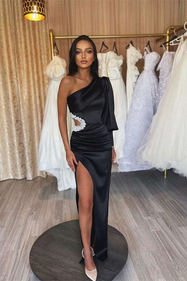 Charming Black Evening Dress with Long Sleeves, Hollowing Out, and Pleated Slit