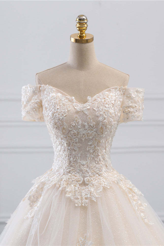 Princess Off-the-Shoulder Tulle Wedding Dress with Lace Appliques