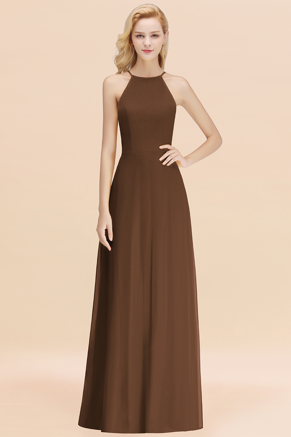 27prom Modest High-Neck Yellow Chiffon Affordable Bridesmaid Dresses Online-27prom