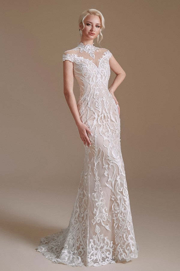 Sleeveless Mermaid Wedding Dress High-neck Lace With Sleeves