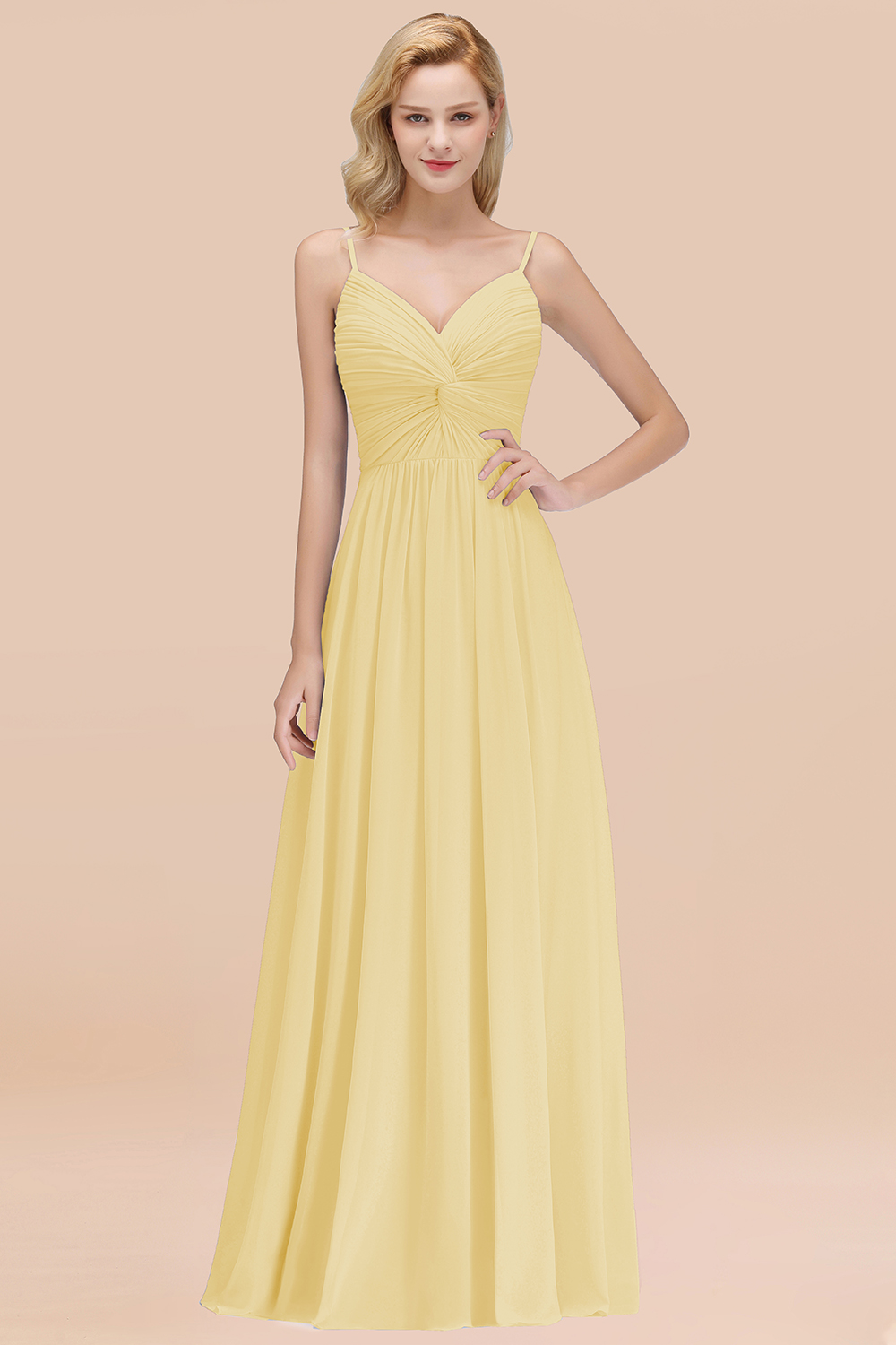27prom Chic V-Neck Pleated Backless Bridesmaid Dresses with Spaghetti Straps-27prom