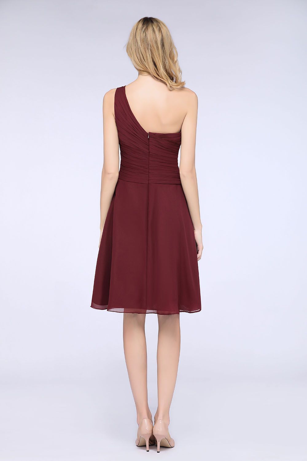 27prom Chic One-Shoulder Short Burgundy Affordable Bridesmaid Dress with Ruffle-27prom