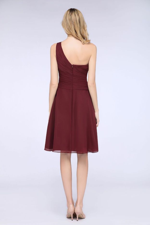 27prom Chic One-Shoulder Short Burgundy Affordable Bridesmaid Dress with Ruffle-27prom
