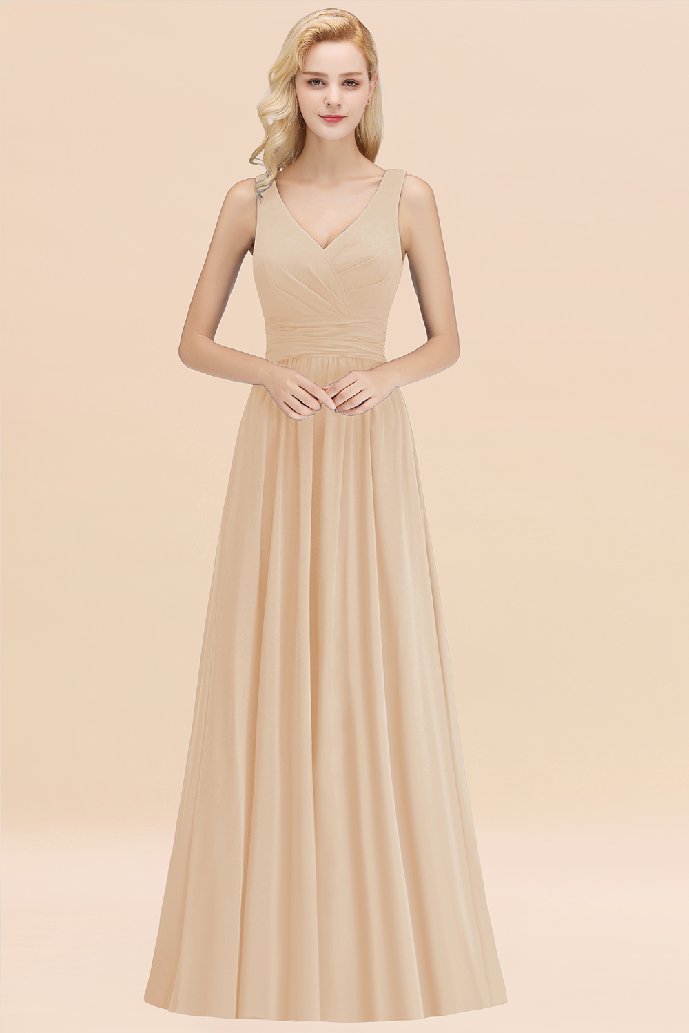 27prom Modest Sleeveless V-Neck Long Chiffon Bridesmaid Dress Online with Ruffle-27prom