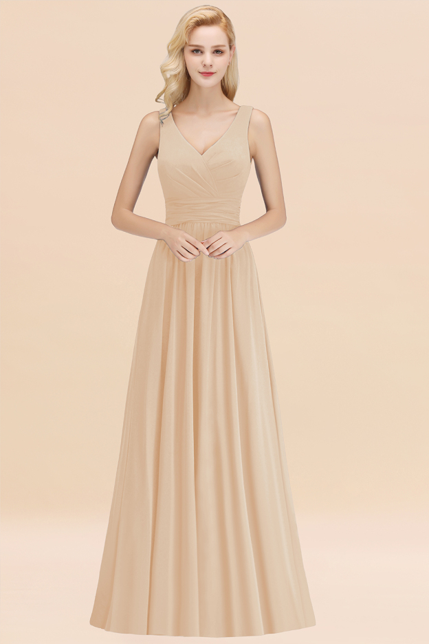 27prom Modest Sleeveless V-Neck Long Chiffon Bridesmaid Dress Online with Ruffle-27prom