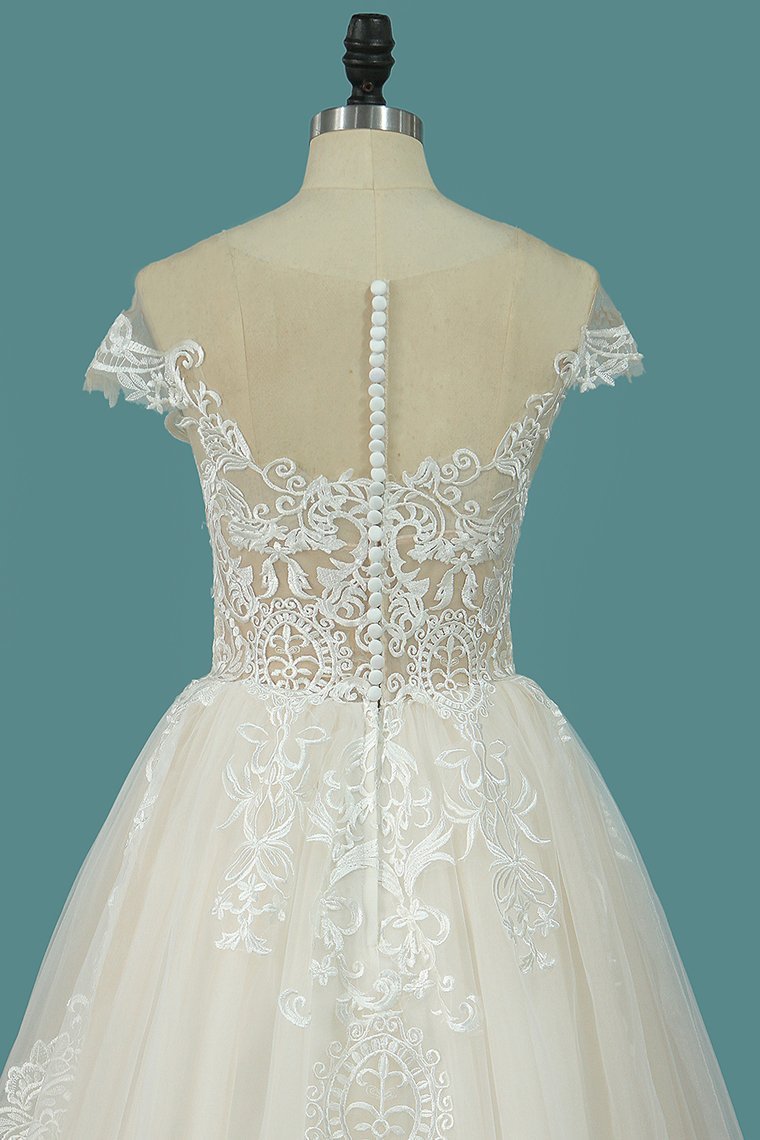 Bateau A-Line Wedding Dress Floor-length With Ruffles Tulle Appliques Lace