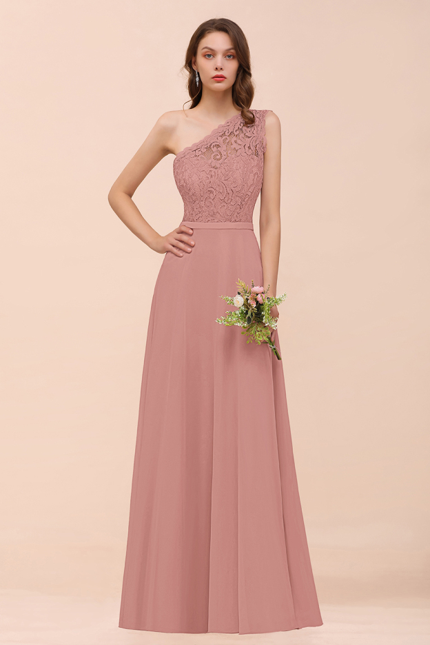 27prom New Arrival Dusty Rose One Shoulder Lace Long Bridesmaid Dress-27prom