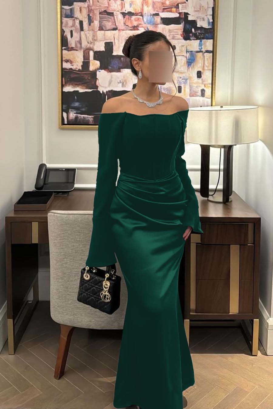 Strapless Long Sleeves Mermaid Long Prom Dress With Pleated