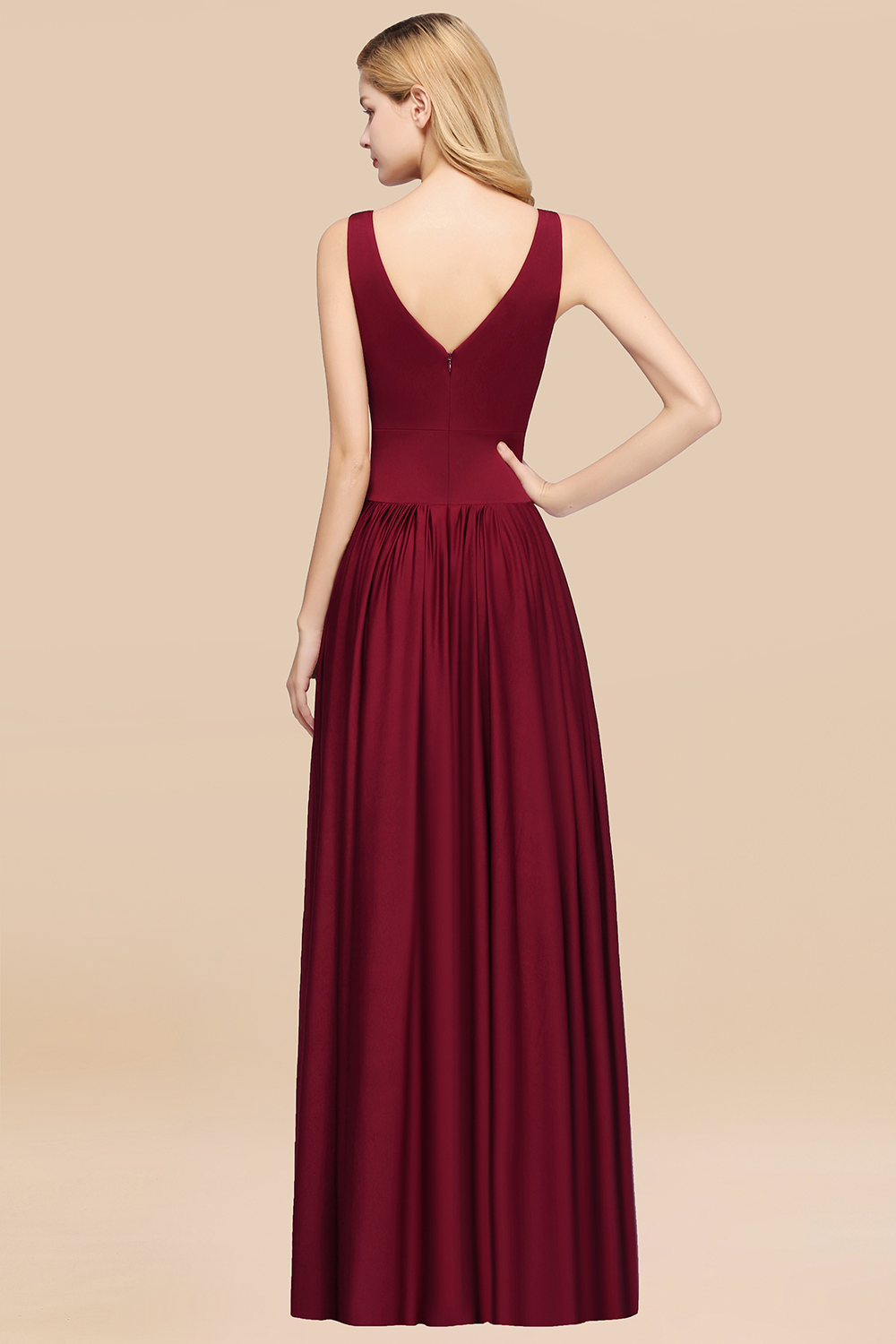 27prom Sexy Deep V-Neck Sleeveless Bridesmaid Dress Burgundy Chiffon Wedding Party Dress-27prom
