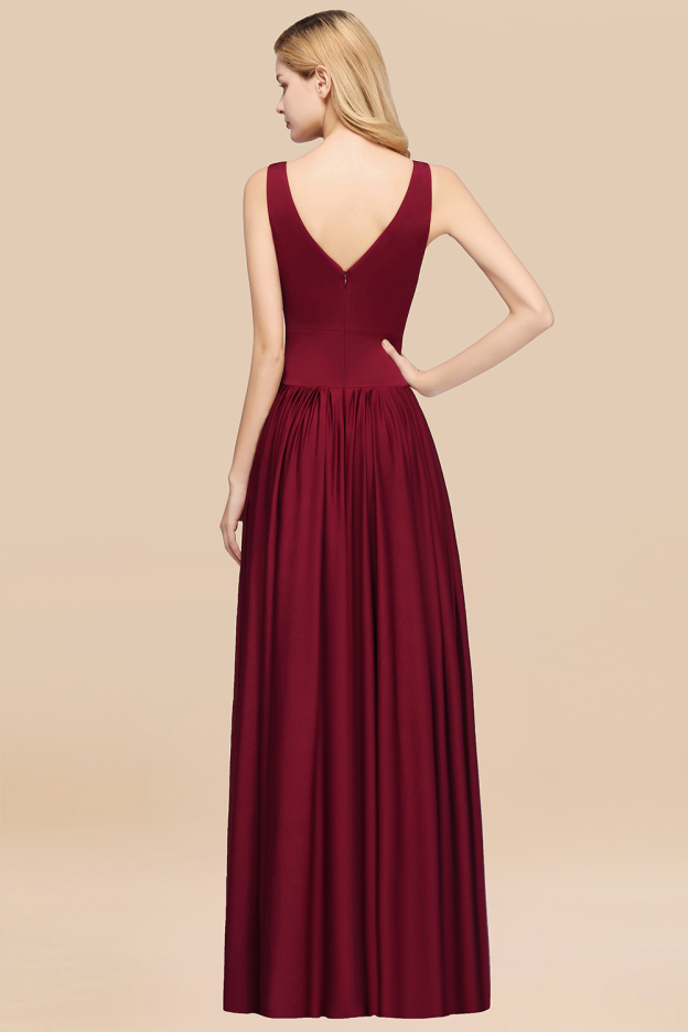 27prom Sexy Deep V-Neck Sleeveless Bridesmaid Dress Burgundy Chiffon Wedding Party Dress-27prom
