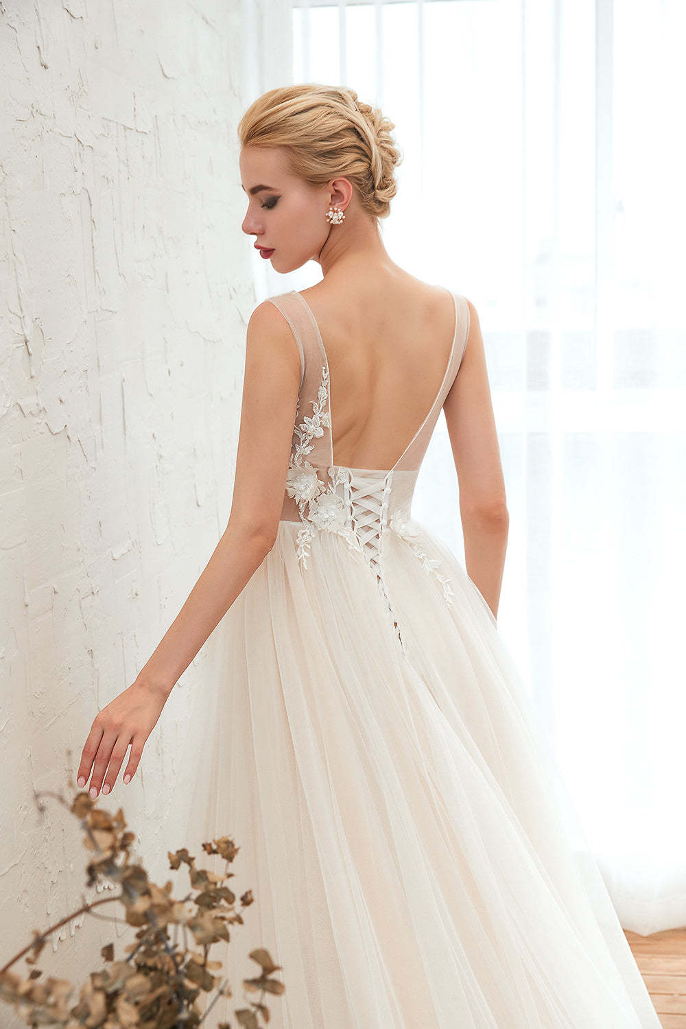 Romantic Wide Strap Deep V-Neck Floor-Length A-Line Wedding Dress with Tulle