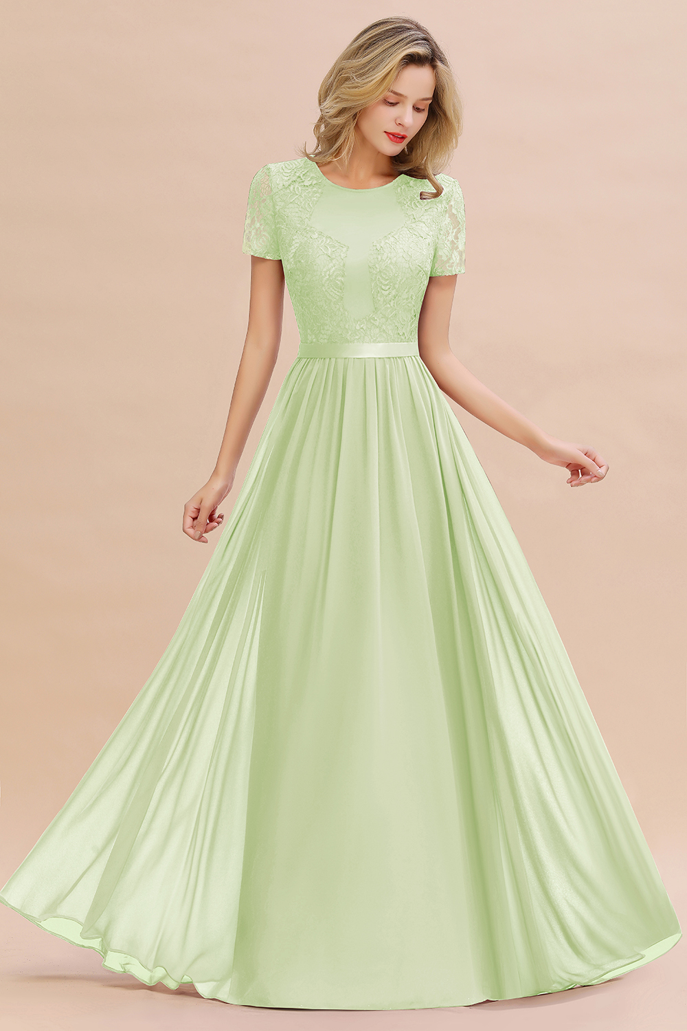 27prom Elegant Chiffon Lace Jewel Short-Sleeves Affordable Bridesmaid Dress-27prom