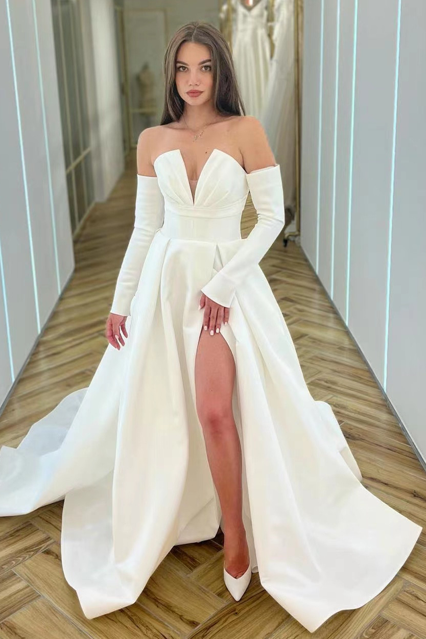 Chic White A Line V Neck Long Sleeves High Waist Long Prom Dress With Split
