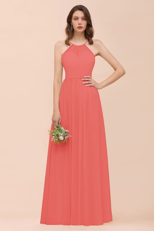 27prom Gorgeous Chiffon Halter Ruffle Affordable Long Bridesmaid Dress-27prom