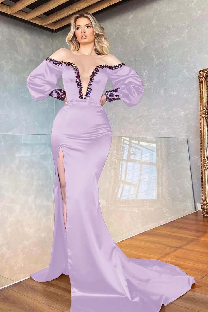 Purple Mermaid Beadings Front Split Prom Dress Off the Shoulder With Long Sleeves V Neck