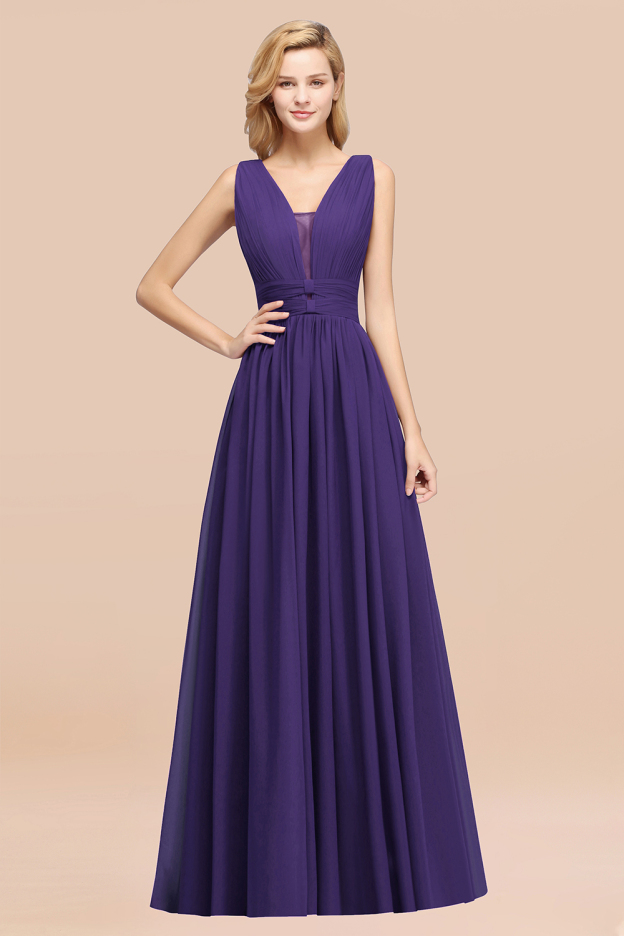 27prom Modest Dark Green Long Bridesmaid Dress Deep V-Neck Chiffon Maid of Honor Dress-27prom